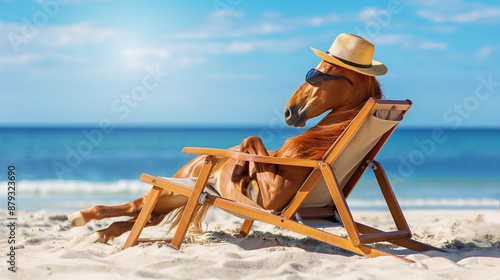 Fototapeta Naklejka Na Ścianę i Meble -  A horse is laying on a beach chair, wearing a straw hat and sunglasses