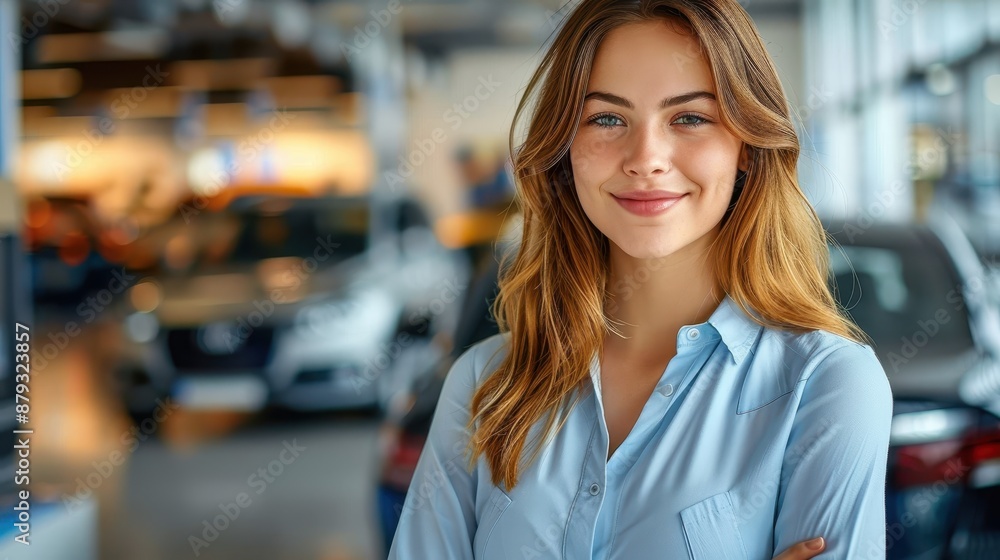 A professional woman stands confidently in a car dealership full of vehicles, representing a welcoming and knowledgeable demeanor to customers exploring automotive options. A professional woman stands confidently in a car dealership full of vehicles, representing a welcoming and knowledgeable demeanor to customers exploring automotive options.