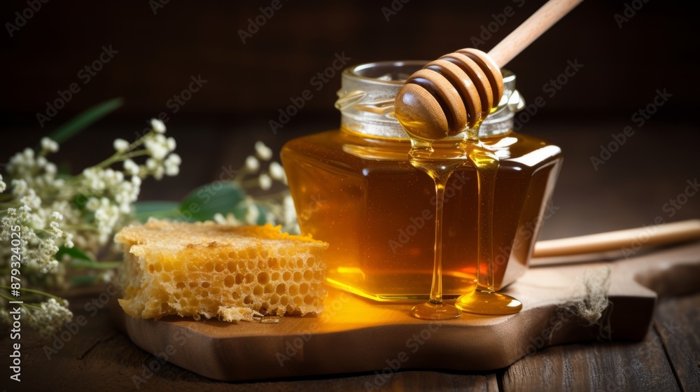 Rich golden honey with wooden honey dipper on rustic wooden table, capturing sweetness and natural beauty, ideal for healthy eating and culinary concepts
Rich golden honey with wooden honey dipper on rustic wooden table, capturing sweetness and natural beauty, ideal for healthy eating and culinary concepts