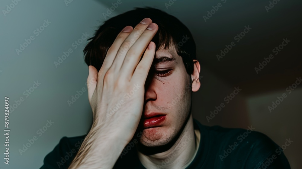 Man showing frustration with hand on face and closed eyes concept Man showing frustration with hand on face and closed eyes concept