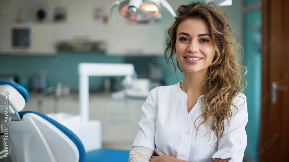 A dentist in a white coat standing with folded arms in a modern dental clinic, showcasing confidence and a commitment to excellent patient care in a clean setting. A dentist in a white coat standing with folded arms in a modern dental clinic, showcasing confidence and a commitment to excellent patient care in a clean setting.
