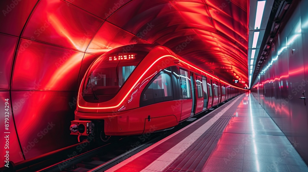 Naklejka premium Red Train Entering a Tunnel Station