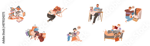 Exhausted Tired People Character with Burnout Syndrome Vector Set