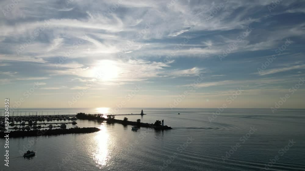 Aerial over Port Dalhousie Pier and lighthouse towards the late afternoon sun over Lake Ontario, near Lakeside Park and the harbour in St. Catharines, Ontario, Canada in summer of July, 2024. Aerial over Port Dalhousie Pier and lighthouse towards the late afternoon sun over Lake Ontario, near Lakeside Park and the harbour in St. Catharines, Ontario, Canada in summer of July, 2024.