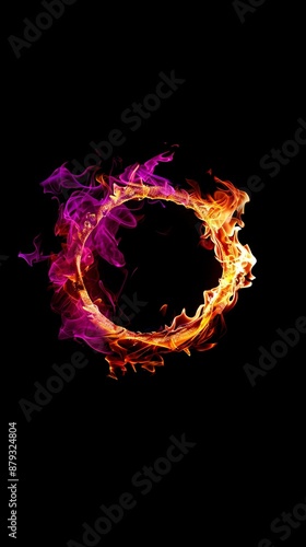 Vibrant fiery ring of red and orange flames on black background digital art concept