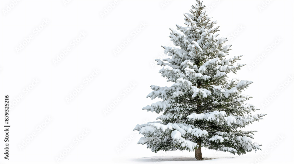 A snow covered pine tree stands alone in a white background A snow covered pine tree stands alone in a white background