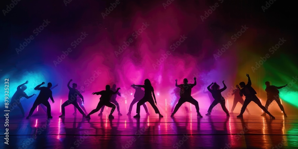 Silhouette of a group of young hiphop dancers performing on stage, effective performance, beautiful dance and full of dancer energy. decorated with colorful lights and smoke. Silhouette of a group of young hiphop dancers performing on stage, effective performance, beautiful dance and full of dancer energy. decorated with colorful lights and smoke.