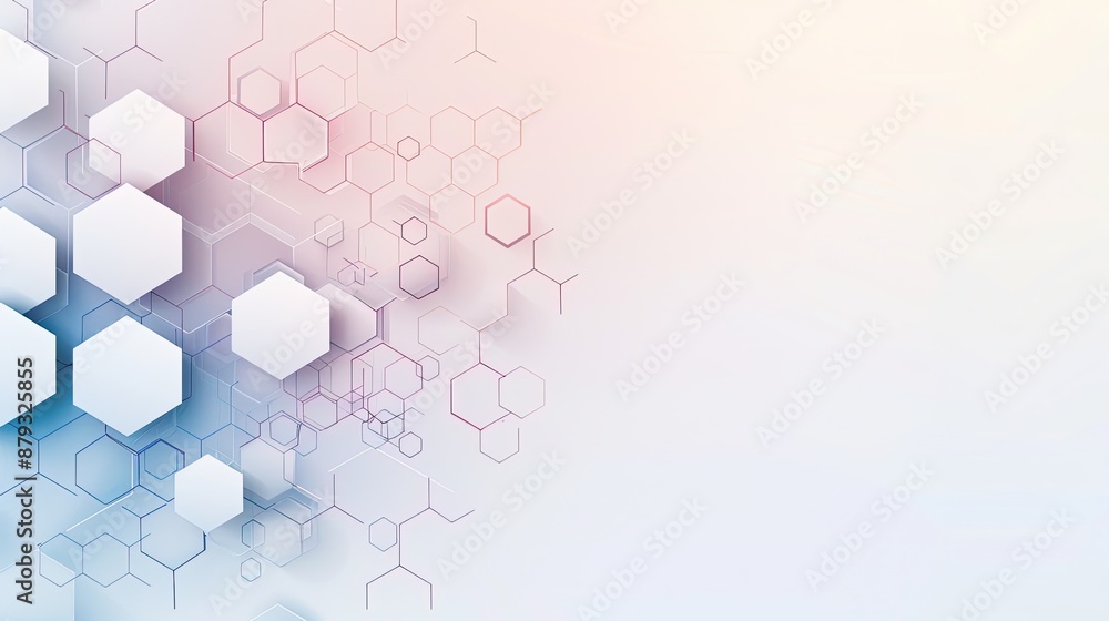 A white background with a scattering of overlapping pastel pink and blue hexagons on the right side of the frame A white background with a scattering of overlapping pastel pink and blue hexagons on the right side of the frame