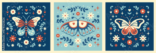Vintage mystery fairytale vibe. Retro folk vector prints with moth and perfect arranged flowers. Boho moonlight aesthetic. Set of square prints
