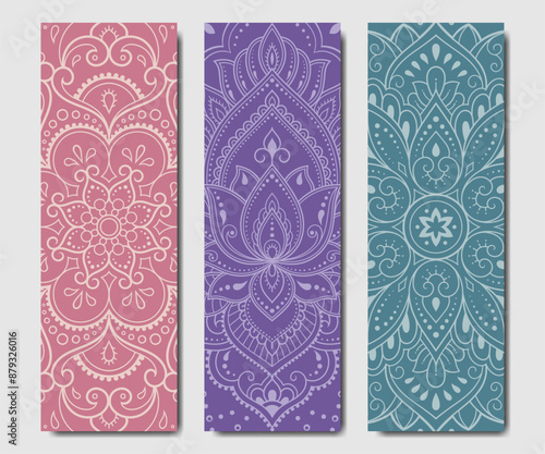 Set of design yoga mats. Lotus floral pattern, mandala in oriental style for decoration sport equipment. Colorful ethnic Indian ornaments for spiritual serenity. Decor of card, poster, print.