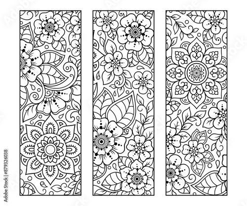 Printable bookmark for book - coloring. Set of black and white labels with flower patterns, hand draw in mehndi style. Sketch of ornaments for creativity of children and adults with colored pencils.
