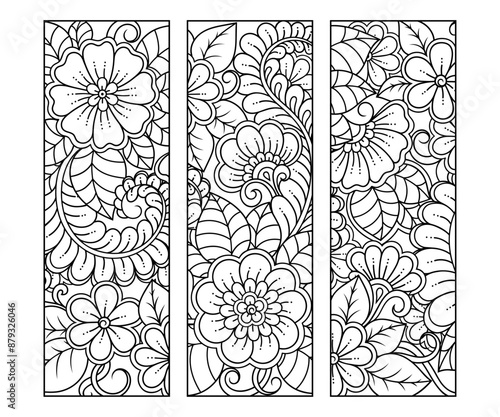 Printable bookmark for book - coloring. Set of black and white labels with flower patterns, hand draw in mehndi style. Sketch of ornaments for creativity of children and adults with colored pencils.