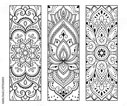 Printable bookmark for book - coloring. Set of black and white labels with flower patterns, hand draw in mehndi style. Sketch of ornaments for creativity of children and adults with colored pencils.