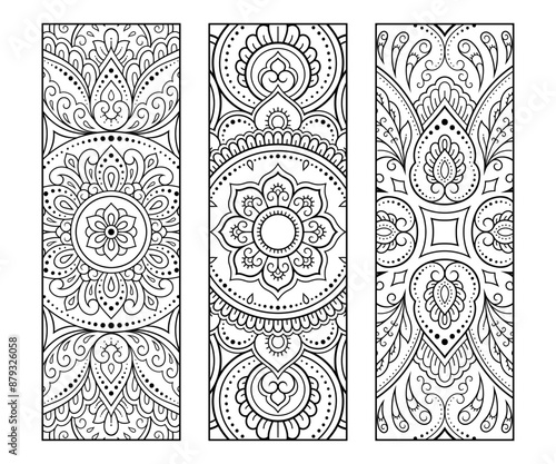 Printable bookmark for book - coloring. Set of black and white labels with flower patterns, hand draw in mehndi style. Sketch of ornaments for creativity of children and adults with colored pencils.