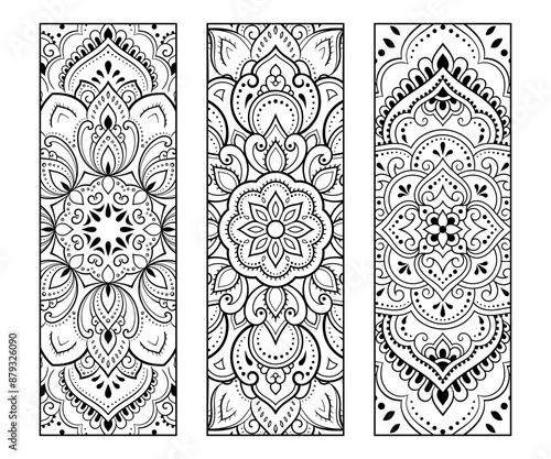 Printable bookmark for book - coloring. Set of black and white labels with flower patterns, hand draw in mehndi style. Sketch of ornaments for creativity of children and adults with colored pencils.