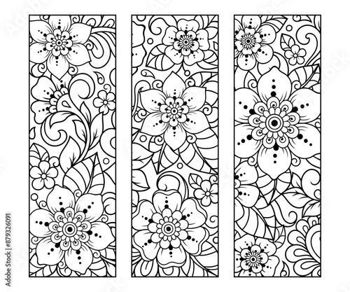 Printable bookmark for book - coloring. Set of black and white labels with flower patterns, hand draw in mehndi style. Sketch of ornaments for creativity of children and adults with colored pencils.
