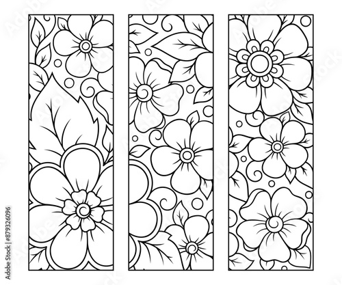 Printable bookmark for book - coloring. Set of black and white labels with flower patterns, hand draw in mehndi style. Sketch of ornaments for creativity of children and adults with colored pencils.