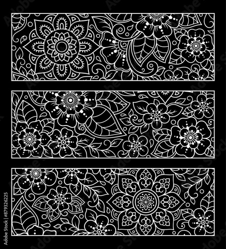 Printable bookmark for book - coloring. Set of black and white labels with flower patterns, hand draw in mehndi style. Sketch of ornaments for creativity of children and adults with colored pencils.