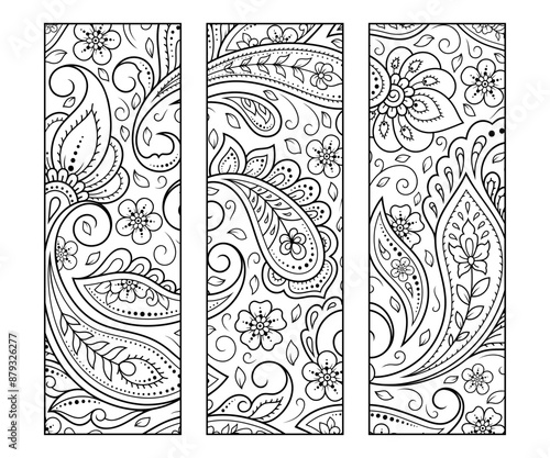 Printable bookmark for book - coloring. Set of black and white labels with flower patterns, hand draw in mehndi style. Sketch of ornaments for creativity of children and adults with colored pencils.