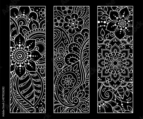 Printable bookmark for book - coloring. Set of black and white labels with flower patterns, hand draw in mehndi style. Sketch of ornaments for creativity of children and adults with colored pencils.