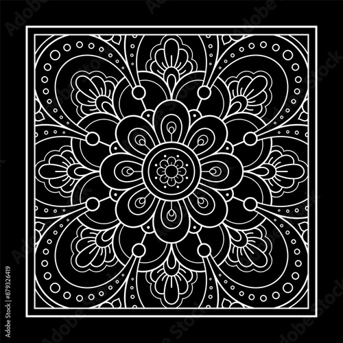 Decorative pattern of flowers and paisley for printing on fabric. Ornament for a bandana, a silk neckerchief, a tablecloth or a kerchief. Square sketch in tribal or oriental style.