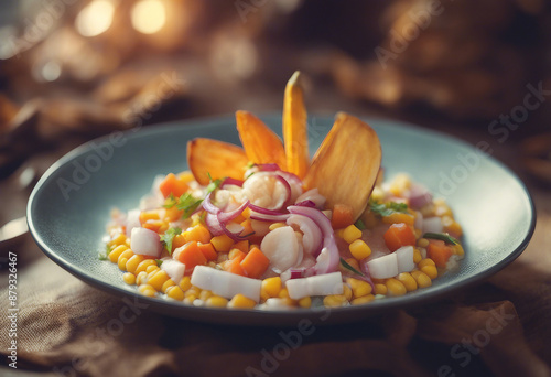 peruvian ceviche elegantly presented with decorative corn and sweet potato slices, ad shot 
