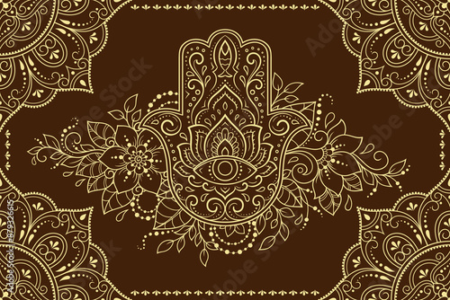 Stylized with henna tattoo decorative pattern for decorating covers book, notebook, casket, postcard and folder. Mandala, Hamsa and border in mehndi style. Frame in the eastern tradition.