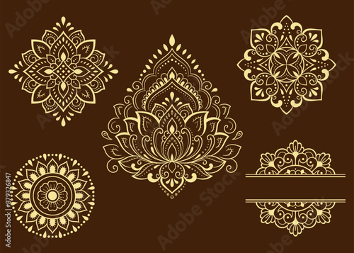 Set of Eastern ethnic religious symbols. Mandala and Lotus flower. Decorative pattern for henna, mehndi, tattoos, room decoration. Outline doodle vector illustration.