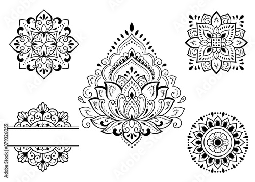 Set of Eastern ethnic religious symbols. Mandala and Lotus flower. Decorative pattern for henna, mehndi, tattoos, room decoration. Outline doodle vector illustration.