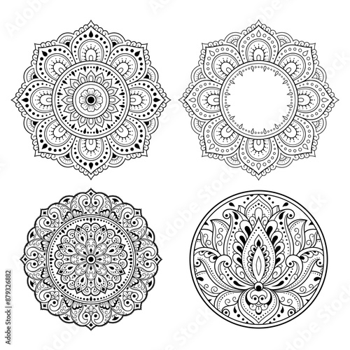 Set of Eastern ethnic religious symbols. Mandala and Lotus flower. Decorative pattern for henna, mehndi, tattoos, room decoration. Outline doodle vector illustration.