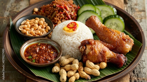 Malaysian nasi lemak platter with coconut rice, fried chicken, peanuts, and sambal.
