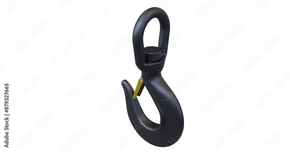 Fototapeta premium Industrial lifting hook; crane attachment with latch mechanism; Isolated 3D design hook with safety latch