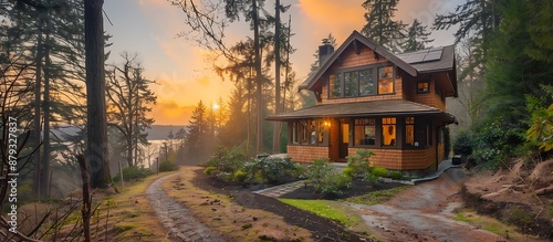 Chic suburban Shingle-style home with a light brown facade, forest trail, sunrise,