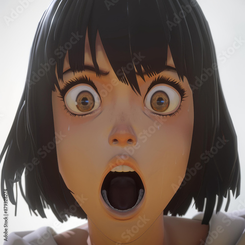 Vivid Mangastyle illustration of a startled girl with exaggerated features and wide eyes on a white background. Ultra HD resolution. photo