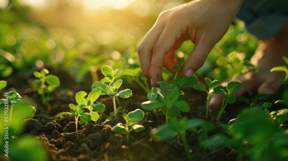 close-up of a hand pulling out weeds in a plot. Selective focus close-up of a hand pulling out weeds in a plot. Selective focus