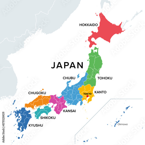 Regions of Japan, multi colored political map. The eight traditional units used for statistical and other purposes. Hokkaido, Tohoku, Kanto, Chubu, Kansai, Chugoku, Shikoku, and Kyushu with Okinawa.