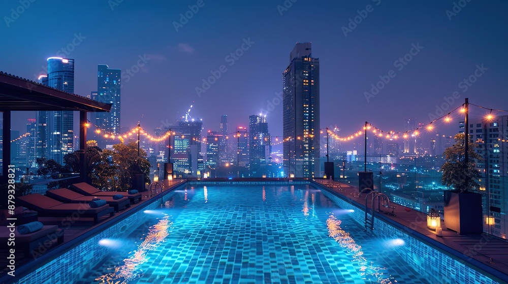 Fototapeta premium Nighttime Cityscape with Rooftop Pool