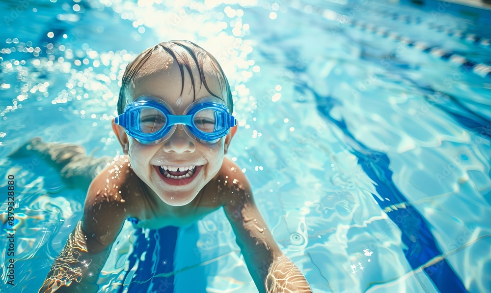 Naklejka premium A young child swimming in a sparkling clear blue pool in goggles, with a big smile on his face. Happy summer day.