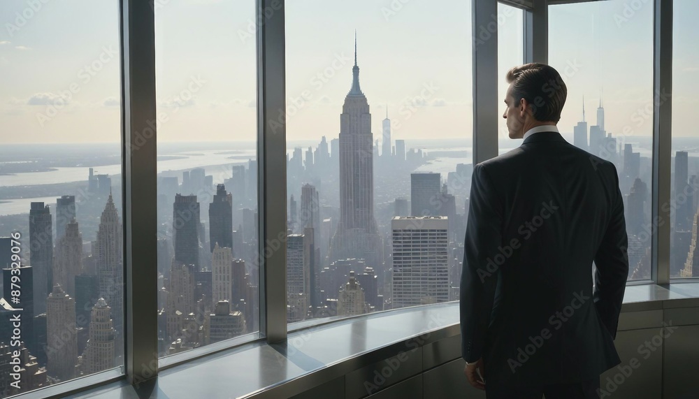 businessman in a suit looking out the window of a skyscraper with big windows overlooking New York City
businessman in a suit looking out the window of a skyscraper with big windows overlooking New York City