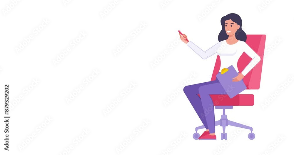 Happy woman office worker sitting armchair with clipboard and pen enjoying working flat animation Happy woman office worker sitting armchair with clipboard and pen enjoying working flat animation