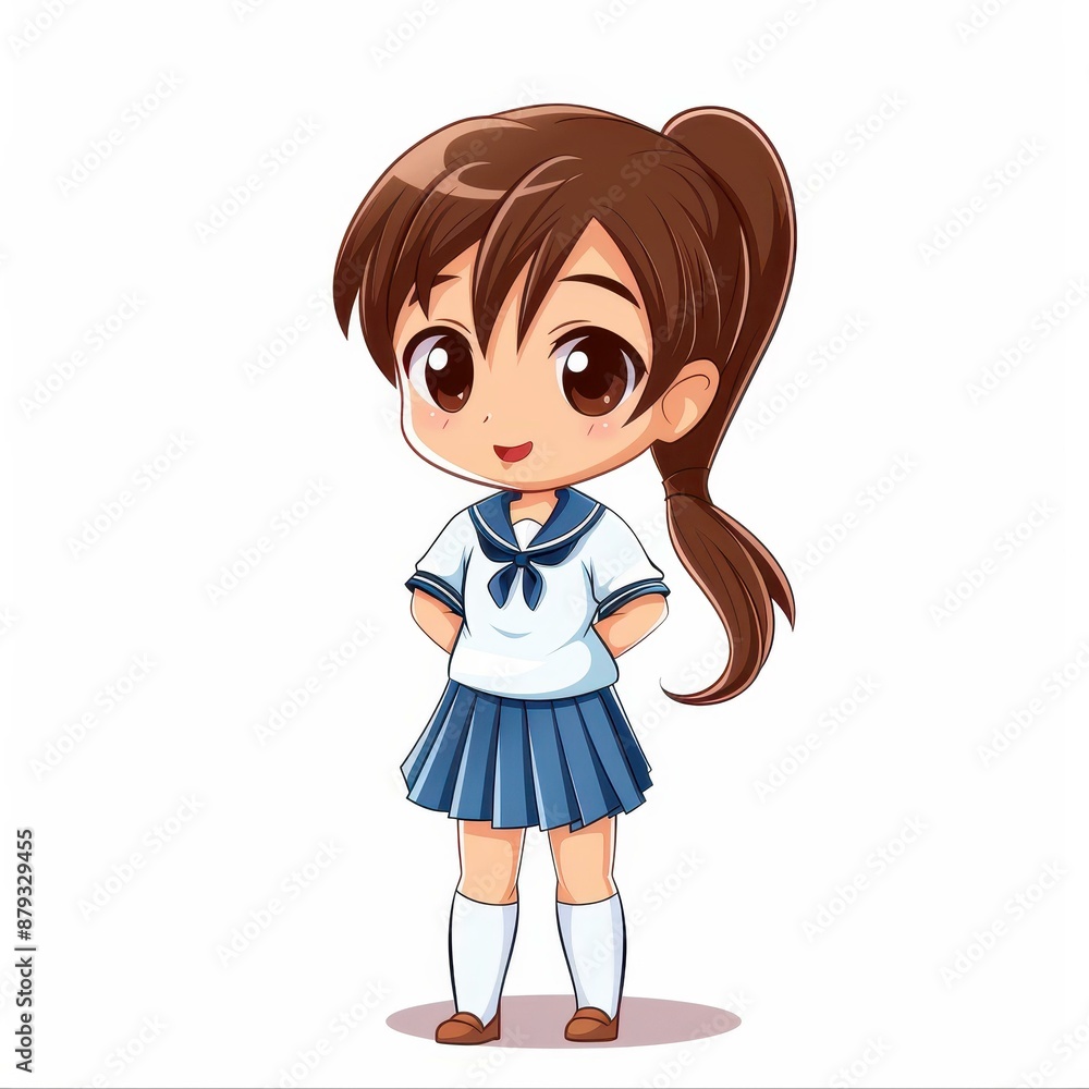 Vector illustration of a cute chibi character school girl in white blouse and blue skirt. Vector illustration of a cute chibi character school girl in white blouse and blue skirt.