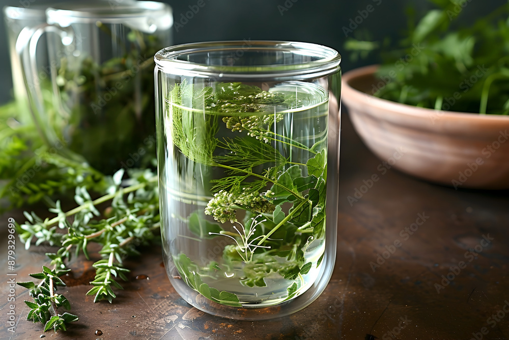 Glass of herbal tea with fresh herbs on a wooden table Glass of herbal tea with fresh herbs on a wooden table