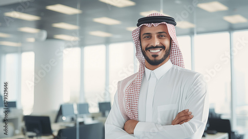 A businessman with arab features smiling and standing at the office