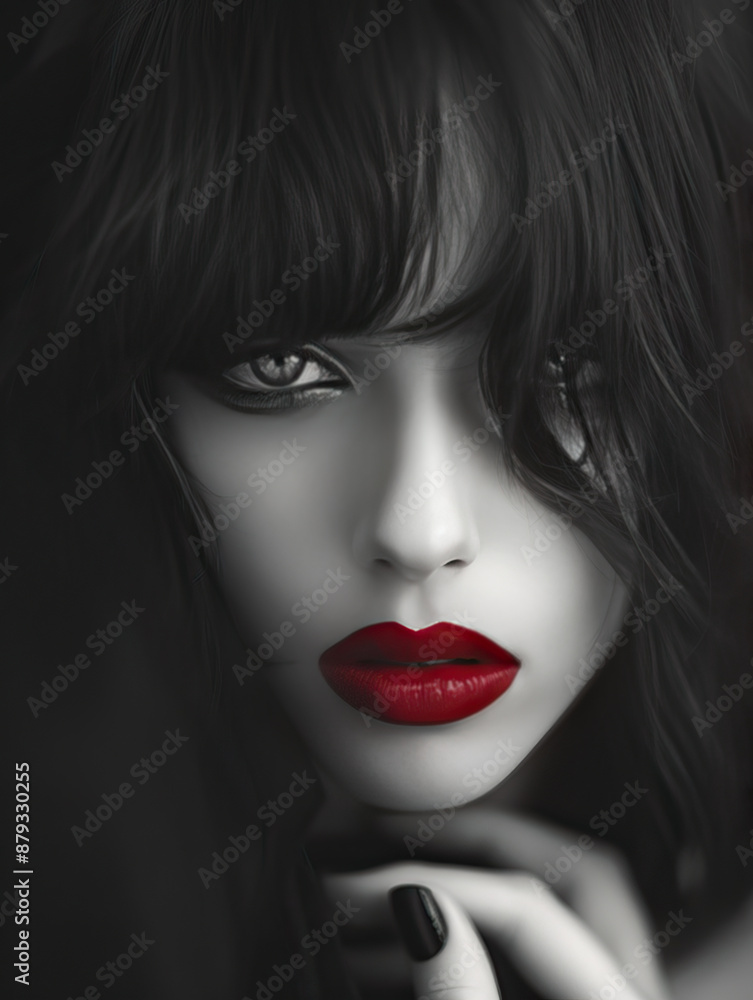 Fototapeta premium Beautiful young woman with flawless features is elegantly portrayed in this black and white photograph. Red lips