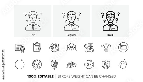 Growth chart, Support consultant and Certificate line icons. Pack of 5g wifi, No card, Reject checklist icon. Delivery, Sale tags, World insurance pictogram. Fraud, Synchronize, 5g technology. Vector
