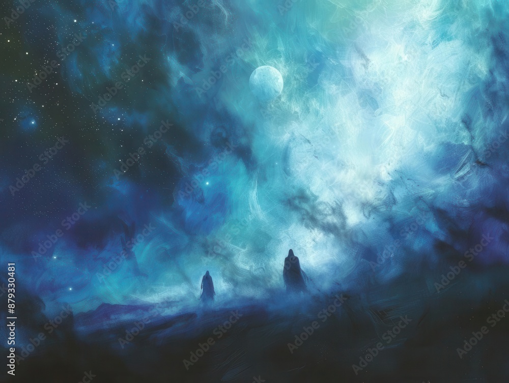 A mystical scene is created by celestial bodies and ghostly figures, whispering of the astral plane. A mystical scene is created by celestial bodies and ghostly figures, whispering of the astral plane.