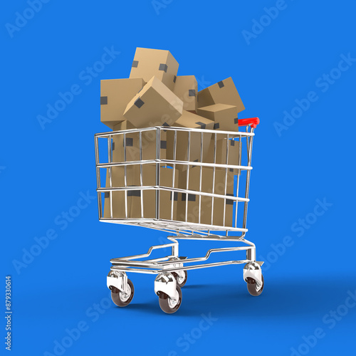 Shopping Trolley 3d render with Parcel boxes, chroma key blue background