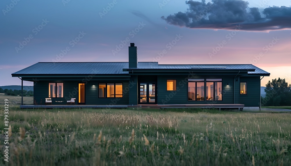 Contemporary suburban ranch-style home in dark green, surrounded by open fields, midday, Contemporary suburban ranch-style home in dark green, surrounded by open fields, midday,