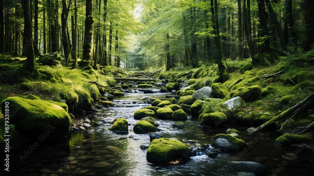 Obraz premium Serene Stream Flowing Through a Lush Green Forest