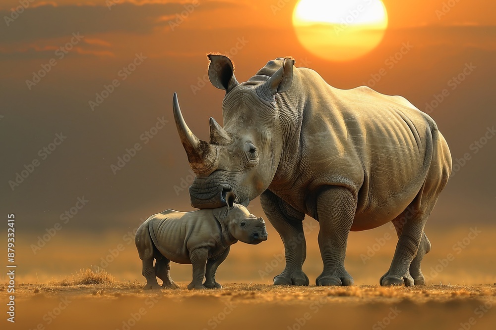 Obraz premium A rhinoceros baby with its mother in the savannah.